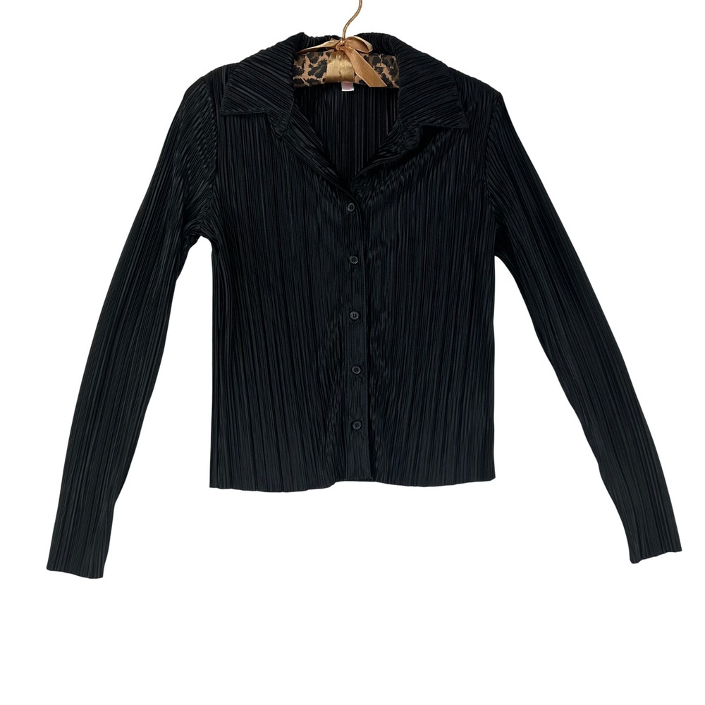 No Boundaries Button Down Junior S Black Blouse Long Sleeve Top‎ Pleated Y2K